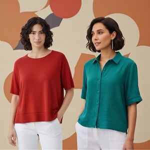 Eileen Fisher Women's 100% Organic Cotton Short Sleeve Tops Size Large (2-Pack)